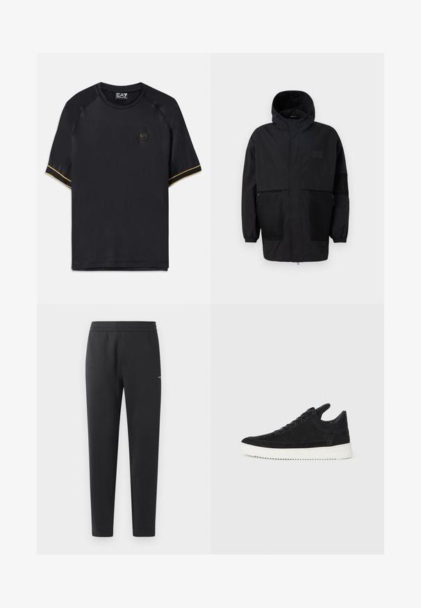 Μαύρο φούτερ τζάκετ από ελαφρύ ύφασμα, με πλέγμα, μπροστινό φερμουάρ και ελαστικούς καρπούς για ρυθμιζόμενη εφαρμογή.; Μαύρη αθλητική μπλούζα με κοντά ραγλάν μανίκια, με υφή υφάσματος, χρυσές ταινίες για έμφαση και μικρό λογότυπο EA7 μπροστά.; Μαύροι παντελόνες jogging από μαλακό ύφασμα, με ελαστική μέση, ίσια πόδια και μία μικρή λεπτομέρεια λογότυπου στη πλευρά.; Μαύρο σουέτ αθλητικό παπούτσι με λευκή καουτσούκ σόλα, με τόνο ραφές και σχέδιο με κορδόνια. Λείος υφή με μοντέρνα, αεροδυναμική γραμμή.