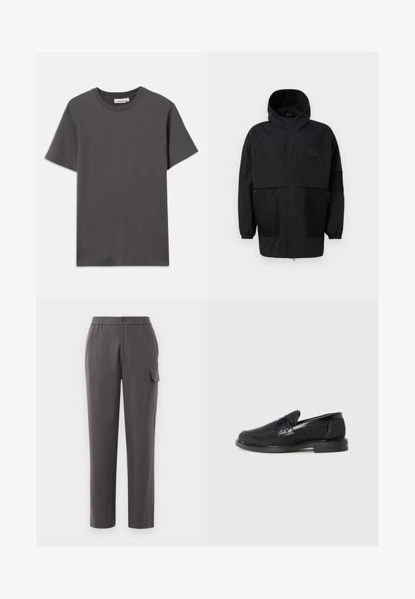 Musthave musta kapuutsiga jakk, mis on valmistatud kergest kangast, koos võrgupaneelide, ees oleva tõmbluku ja elastsete mansettidega kohandatava sobivuse jaoks.; Tumehall kortse käistega T-särk ümmarguse kaelusega, millel on krae sisemuses väike valge brändilogo, valgel taustal.; Hallid hallid püksid, millel on mugav lõige, valmistatud siledast kangast. Varustatud nupukinnisega, küljetaskute ja säärel oleva kargo-taskuga.; Must musta kootud slip-on king, millel on pehme nahast accent ülaserval, ümmargune varvas ja madal profiiliga kummitald.