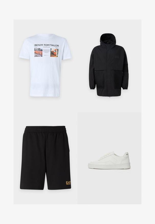 Melnā kapučjaka, kas izgatavota no viegla auduma, ar acs paneļiem, priekšējo rāvējslēdzēju un elastīgām aprocēm, kas nodrošina regulējamu piegulšanu.; Balts kokvilnas T-krekls ar trim grafiskām drukām, melnu tekstu un uzrakstiem "Denim Tom Tailor". Īsas piedurknes un apaļais kakla izgriezums.; Melnas sporta šortus, kas izgatavoti no mīksta auduma, ar elastīgu jostu un mazu dzeltenu EA7 logo zem kreisā kājas stūra.; Baltas ādas sneakers ar gludu virsmu, apaļu pirkstu daļu, plakaniem šņorēm un teksturētu zoli. Satur diskrētu logotipu uz papēža.
