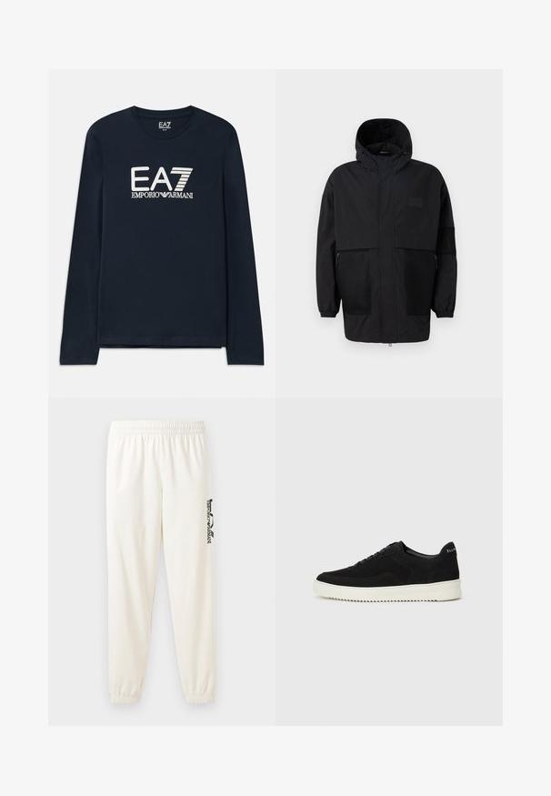 Juodas gobtuvu džemperis, pagamintas iš lengvo audinio, turi tinklinės juosteles, priekinį užtrauktuką ir elastingus rankogalius, leidžiančius pritaikyti dydį.; Tamsiai mėlyna medvilninė marškinėlių su ilgomis rankovėmis, apykaklė yra apvali. Priekyje yra balta EA7 Emporio Armani logotipas. Tiesus apdailos kraštas, be puošybos.; Šviesiai smėlinės spalvos sportinės kelnės su elastine juosta ir elastiniais rankogaliais. Kairėje kojoje yra juodai spausdintas logotipas. Minkšta audinio tekstūra.; Juodos veliūrinės sportinės bateliai su raištelių dizainu ir kontrastinga balta gumine padais. Yra tekstūruoti šoniniai skydeliai ir subtilus logotipas ant kulno.