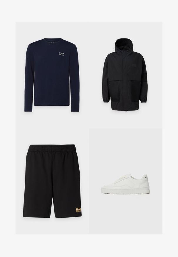 Casaco preto com capuz, feito de um tecido leve, apresentando painéis de malha, um fecho éclair frontal e punhos elásticos para um ajuste ajustável.; Camisa de manga longa azul-marinho em algodão suave, com um pequeno logótipo EA7 branco no lado esquerdo do peito, com decote redondo e bainha reta.; Calções desportivos pretos feitos de um tecido suave, com um cós elástico e um pequeno logótipo amarelo EA7 na parte inferior da perna esquerda.; Sapatilha de couro branco com acabamento suave, bico redondo, atacadores planos e uma sola texturizada. Apresenta um logotipo discreto no calcanhar.