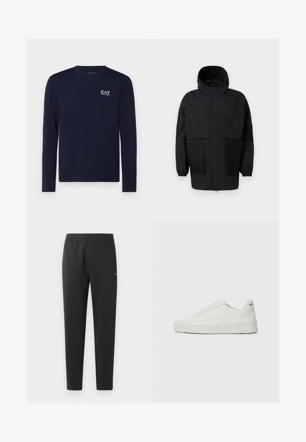 Juodas gobtuvu džemperis, pagamintas iš lengvo audinio, turi tinklinės juosteles, priekinį užtrauktuką ir elastingus rankogalius, leidžiančius pritaikyti dydį.; Jūrinio stiliaus ilgomis rankovėmis marškiniai iš minkštos medvilnės, su mažuoju baltu EA7 logotipu kairiajame krūtinės šone, apvaliu kaklu ir tiesiu apačiu.; Juodos sportinės kelnės, pagamintos iš minkštos medžiagos, su elastinga juosmeniu, tiesiomis kojomis ir nedideliu logotipo akcentu šone.; Balti odiniai sportiniai bateliai su lygia apdaila, apvaliu pirštu, plokščiais raišteliais ir tekstūruotu padu. Pasižymi subtiliu logotipu ant kulno.