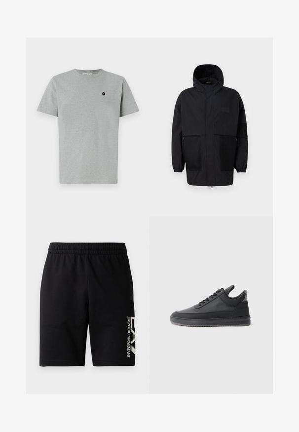 Svart hettejakke laget av lettvektig stoff, med mesh-paneler, en front glidelås og elastiske mansjetter for justerbar passform.; Grå bomulls t-skjorte med rund hals, korte ermer, og et svart logo-patch med et pluss-tegn på venstre brystområde.; EA7 Emporio Armani TRAIN VISIBILITY - Shorts - black/cream; svarte lær sneakers med en teksturert overflate, snøring, lav topp, og en grå gummi såle med en ribbet kant.