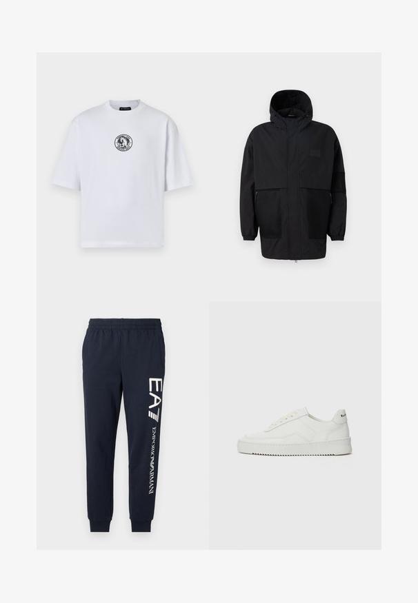Čierna kapucňová bunda vyrobená z ľahkého materiálu, s priehľadnými panelmi, predným zipsom a elastickými manžetami pre nastaviteľné prispôsobenie.; Biele bavlnené tričko s krátkymi rukávmi, s kruhovým čiernym grafickým logom na prednej strane. Design s okrúhlym výstrihom, voľný strih.; Námornícke modré bavlnené jogger nohavice s elastickým pásom, zúženými nohami a kontrastnými bielymi logami EA7 a Emporio Armani potlačenými po boku.; Biele kožené tenisky s hladkým povrchom, okrúly špičkový dizajn, ploché šnúrky a textúrovaná podrážka. Obsahujú jemné logo na päte.