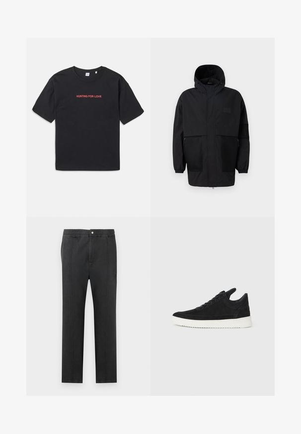 Svart hettejakke laget av lettvektig stoff, med mesh-paneler, en front glidelås og elastiske mansjetter for justerbar passform.; Svart bomulls t-skjorte med korte ermer, med rød tekst "HUNTING FOR LOVE" brodert over brystet. Enkel og avslappet passform.; Svarte bukser med elastisk midjebånd, flat front, to sidelommer og dekorative sømmer. Ingen synlige mønstre eller metallbeslag.; Sorte semskede sneakers med hvit gummisåle, med tonale sømmer og snøring. Glatt tekstur med en moderne, strømlinjeformet form.