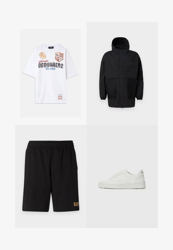 Črna kapuča jakna iz lahkega materiala, ki ima mrežaste panele, sprednje zadrgo in elastične manšete za prilagodljiv fit.; Bela bombažna majica z barvitimi grafikami, vključno z levom, ščiti in besedilom. Ohlapen kroj s kratkimi rokavi. Dodatki v rdeči in modri barvi.; Črne športne kratke hlače iz mehkega blaga, z elastičnim pasom in majhnim rumenim logotipom EA7 na spodnjem levem delu noge.; Bela usnjena športna obutev z gladko površino, okroglo prst, ravne vezalke in teksturiran podplat. Ima diskretno logo na peti.