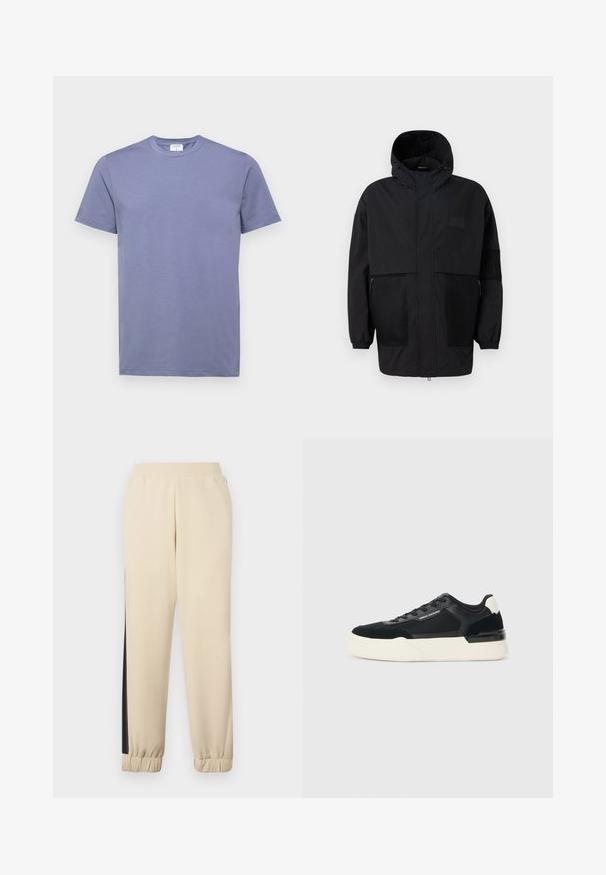 Črna kapuča jakna iz lahkega materiala, ki ima mrežaste panele, sprednje zadrgo in elastične manšete za prilagodljiv fit.; Filippa K TEE - Navadna majica - grey blue; Kremne kulot hlače z črnimi stranskimi črtami, elastičnim pasom in rebrastimi manšetami. Mehka tkanina z udobnim krojem.; Črne superge iz mrežastega materiala in usnja, z debelim belim podplatom in kontrastnimi poudarki. Pertle in detajl logotipa ob strani.