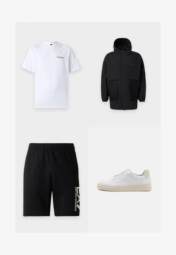 Black hooded jacket made from lightweight fabric, featuring mesh panels, a front zipper, and elastic cuffs for adjustable fit.; No Problemo MINI TEE - Basic T-shirt - white; EA7 Emporio Armani TRAIN VISIBILITY - Shorts - black/cream; White sneaker featuring a smooth leather upper, beige laces, and a textured beige suede heel tab. Elevated sole for added height.