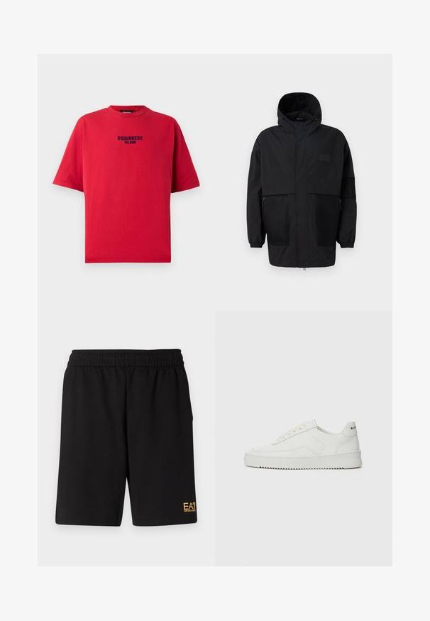 Zwarte capuchonjas gemaakt van lichtgewicht stof, met meshpanelen, een voorrits en elastische manchetten voor een verstelbare pasvorm.; Rode katoen t-shirt met een ronde hals, korte mouwen en een zwarte opdruk met het logo "DSQUARED2 MILANO" op de voorkant.; Zwarte sportshorts van zacht materiaal, met een elastische tailleband en een klein geel EA7-logo op de onderste linkeronderbroek.; Witte leren sneaker met een gladde afwerking, ronde neus, platte veters en een gestructureerde zool. Kenmerkt zich door een subtiel logo op de hiel.