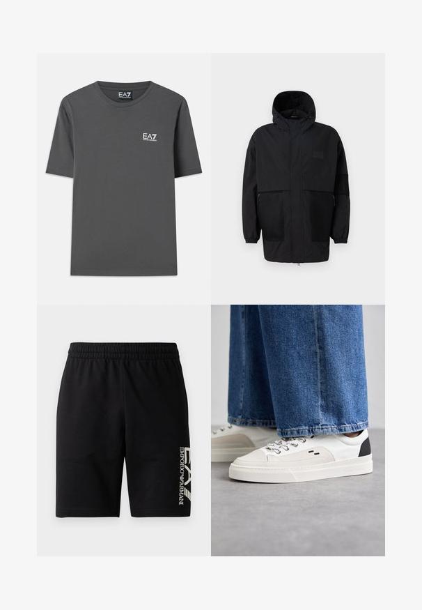 Black hooded jacket made from lightweight fabric, featuring mesh panels, a front zipper, and elastic cuffs for adjustable fit.; Gray cotton t-shirt with short sleeves, crew neck, and small white logo on the left chest. Smooth texture and standard fit.; EA7 Emporio Armani TRAIN VISIBILITY - Shorts - black/cream; White and black sneakers with a smooth leather upper, textured accents, and a chunky white sole. Features a classic lace-up design.
