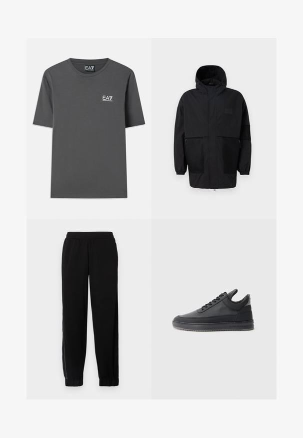 Musthave musta kapuutsiga jakk, mis on valmistatud kergest kangast, koos võrgupaneelide, ees oleva tõmbluku ja elastsete mansettidega kohandatava sobivuse jaoks.; Hall šortse varrukatega T-särk, mis on valmistatud puuvillast. Omab ümarat kaelust ja väikest valget EA7 logo rinna kohal. Lame serv.; Mustadest pehmeast kangast jooksupüksid, mis on varustatud elastse vöökoha, mansettidega hemidega ja külgmiste võrgupaneelidega parema ventilatsiooni tagamiseks.; Mustad nahkkingad tekstuurse pinnaga, kinnitatavad paeltega, madala varbaga ning hall kummitald, millel on sooneline äär.