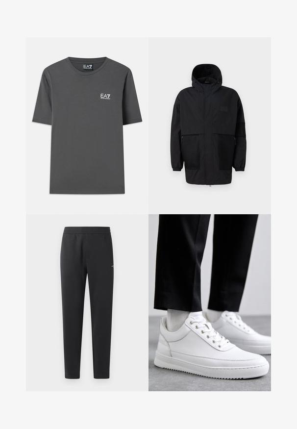 Crna kapuljača od laganog materijala, s mrežastim panelima, prednjim zatvaračem i elastičnim manžetama za prilagodljivu veličinu.; Siva pamučna majica kratkih rukava, okruglog izreza i s malim bijelim logotipom na lijevoj strani prsa. Glatka tekstura i standardni kroj.; Crne trenirke izrađene od mekanog materijala, sa elastičnom trakastom, ravnim nogavicama i jednim malim logom sa strane.; Bijele kožne tenisice s ravnim gumenenim potplatom, s glatkom završnom obradom, okruglim vrhom i metalnim rupama za vezice. Nosive s crnim hlačama.