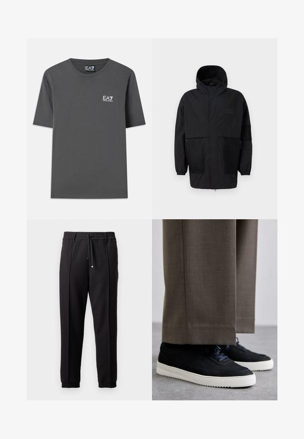 Juodas gobtuvu džemperis, pagamintas iš lengvo audinio, turi tinklinės juosteles, priekinį užtrauktuką ir elastingus rankogalius, leidžiančius pritaikyti dydį.; Pilkas trumpas rankovės marškinėliai, pagaminti iš medvilnės. Suapvalintas kaklas ir mažas baltas EA7 logotipas ant krūtinės. Lygiai supjaustytas apykaklė.; Juodos kelnės su juosmeniu, raišteliu ir elastingais rankogaliais. Yra raukšlės ir lygus, tekstūruotas audinys.; Juodi zomšiniai sportbačiai su baltais guminiais padais, su apvalia nosimi ir raišteliais, dėvimi su pilkais pritaikytais kelnais.