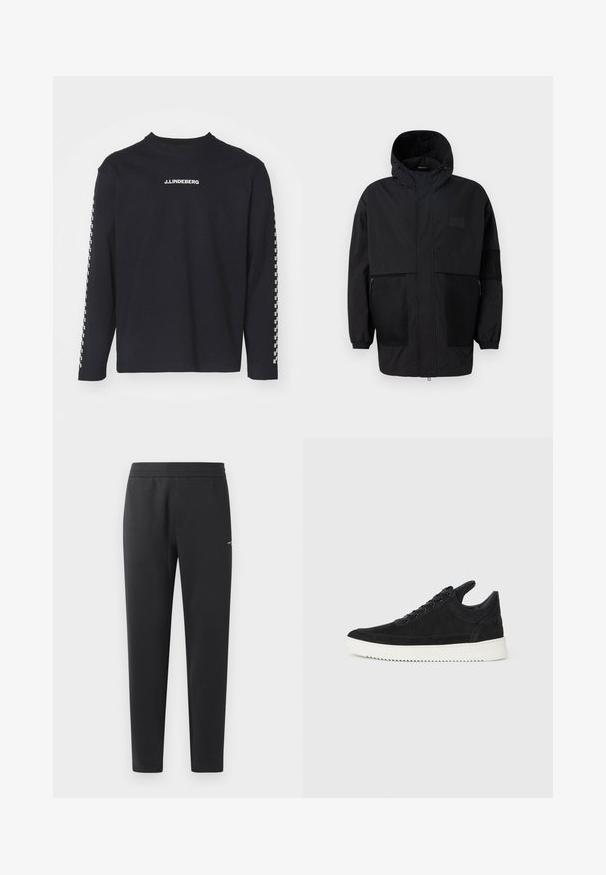 Svart hettejakke laget av lettvektig stoff, med mesh-paneler, en front glidelås og elastiske mansjetter for justerbar passform.; Langermet svart T-skjorte laget av bomull, med rund hals og J.Lindeberg-logo på brystet, samt rutete mønster på ermene.; Sorte joggebukser laget av myk stoff, med elastisk midjebånd, rette ben og en liten logo detalj på siden.; Sorte semskede sneakers med hvit gummisåle, med tonale sømmer og snøring. Glatt tekstur med en moderne, strømlinjeformet form.