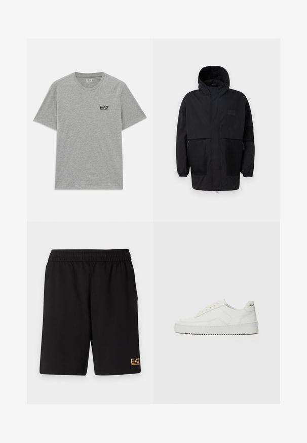 Juodas gobtuvu džemperis, pagamintas iš lengvo audinio, turi tinklinės juosteles, priekinį užtrauktuką ir elastingus rankogalius, leidžiančius pritaikyti dydį.; Pilkos spalvos trumpomis rankovėmis marškinėliai su apvalia iškirpte ir mažuoju juodu "EA7 Emporio Armani" logotipu kairėje krūtinės pusėje.; Juoda sportinė šortai, pagaminti iš minkštos medžiagos, su elastingu diržu ir maža geltona EA7 logo apatinėje kairėje kojoje.; Balti odiniai sportiniai bateliai su lygia apdaila, apvaliu pirštu, plokščiais raišteliais ir tekstūruotu padu. Pasižymi subtiliu logotipu ant kulno.