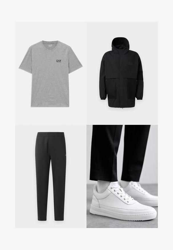 Čierna kapucňová bunda vyrobená z ľahkého materiálu, s priehľadnými panelmi, predným zipsom a elastickými manžetami pre nastaviteľné prispôsobenie.; Sivý krátky rukávový tričko s okrúhlym výstrihom a malým čiernym logom "EA7 Emporio Armani" na ľavej strane hrude.; Čierne joggingové nohavice z mäkkej tkaniny, s elastickým pásom, rovnými nohavicami a malým logom na boku.; Biele kožené tenisky s plochou gumovou podrážkou, s hladkým povrchom, okrúhlou špičkou a kovovými očkami na šnúrky. Nosené s čiernymi nohavicami.