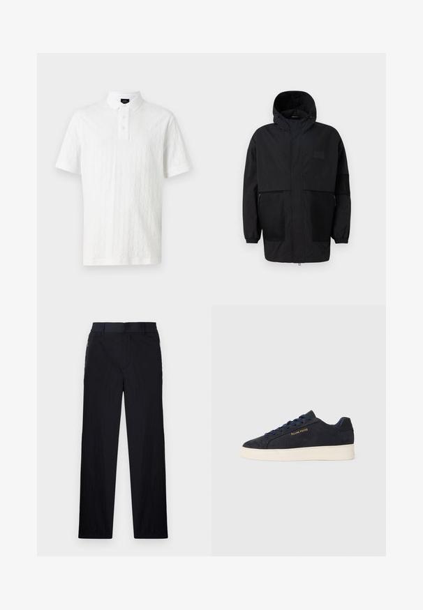 Musthave musta kapuutsiga jakk, mis on valmistatud kergest kangast, koos võrgupaneelide, ees oleva tõmbluku ja elastsete mansettidega kohandatava sobivuse jaoks.; Valge polo-särk, millel on tekstuuriga muster, kolme nupuga äär ja lühikesed varrukad kontrastsete ääridega. Valmistatud puuvillast.; Mustad püksid, millel on kerge, tekstuuriga kangas, sirge jala disain, elastne vöökoht ja küljetaskud sipsiga.; Tumedat sinine seemisnahast madala profiiliga tennis, valge tossutald, tumesinised paelad ning küljes kuldne "Filling Pieces" logo.