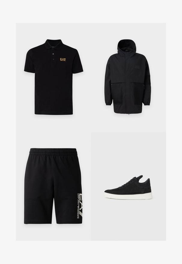 Svart hettejakke laget av lettvektig stoff, med mesh-paneler, en front glidelås og elastiske mansjetter for justerbar passform.; Svart polo skjorte laget av bomull med klassisk krage, med tre knapper i halsen og en gull EA7-logo på venstre bryst.; EA7 Emporio Armani TRAIN VISIBILITY - Shorts - black/cream; Sorte semskede sneakers med hvit gummisåle, med tonale sømmer og snøring. Glatt tekstur med en moderne, strømlinjeformet form.