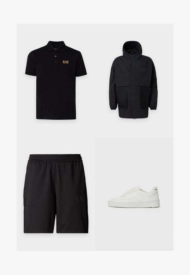 Czarna kurtka z kapturem, wykonana z lekkiego materiału, z siateczkowymi panelami, z zamek błyskawicznym z przodu oraz elastycznymi mankietami dla regulowanego dopasowania.; Czarna koszulka polo wykonana z bawełny, z klasycznym kołnierzykiem, posiadająca trzy guziki przy szyi oraz złote logo EA7 na lewej piersi.; Czarne sportowe szorty wykonane z lekkiego materiału, z elastycznym paskiem w talii i siateczkowymi panelami bocznymi. Logo marki nadrukowane z przodu.; Białe skórzane sneakersy o gładkim wykończeniu, okrągłym nosku, płaskich sznurówkach i teksturowanej podeszwie. Charakteryzują się delikatnym logo na pięcie.