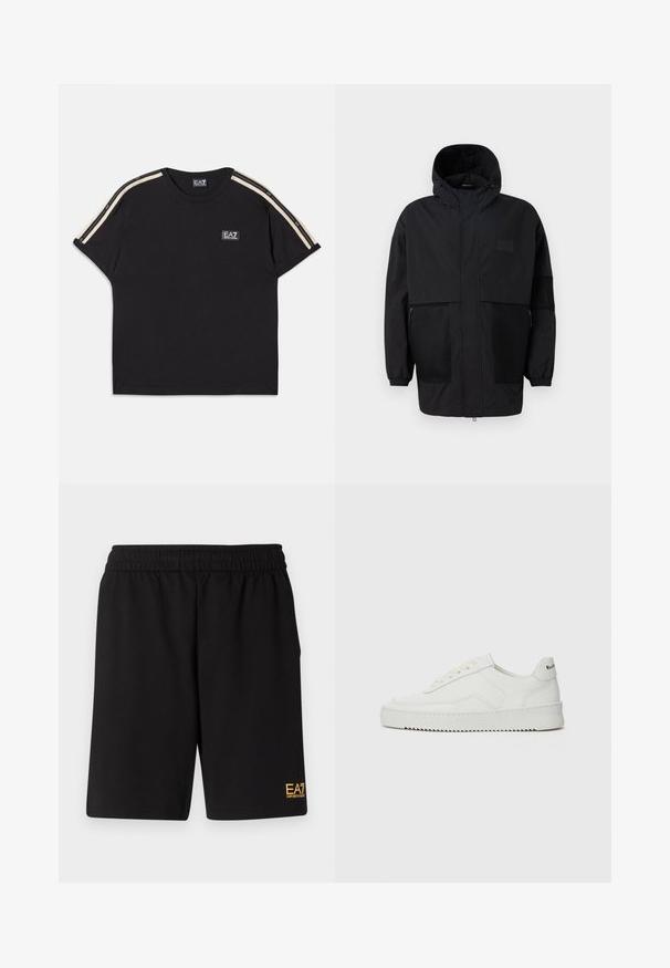 Černá kapucňová bunda vyrobená z lehké tkaniny, s síťovinovými panely, předním zipem a elastickými manžetami pro nastavitelné přizpůsobení.; Černé bavlněné tričko s krátkým rukávem. Obsahuje kontrastní hnědé pruhy na ramenou a malé značkové logo na prsou.; Černé sportovní šortky vyrobené z měkké látky, s elastickým pasem a malým žlutým logem EA7 na dolní části levé nohy.; Bílé kožené tenisky s hladkým povrchem, kulatou špičkou, plochými tkaničkami a texturovanou podrážkou. Na patě se nachází nenápadné logo.