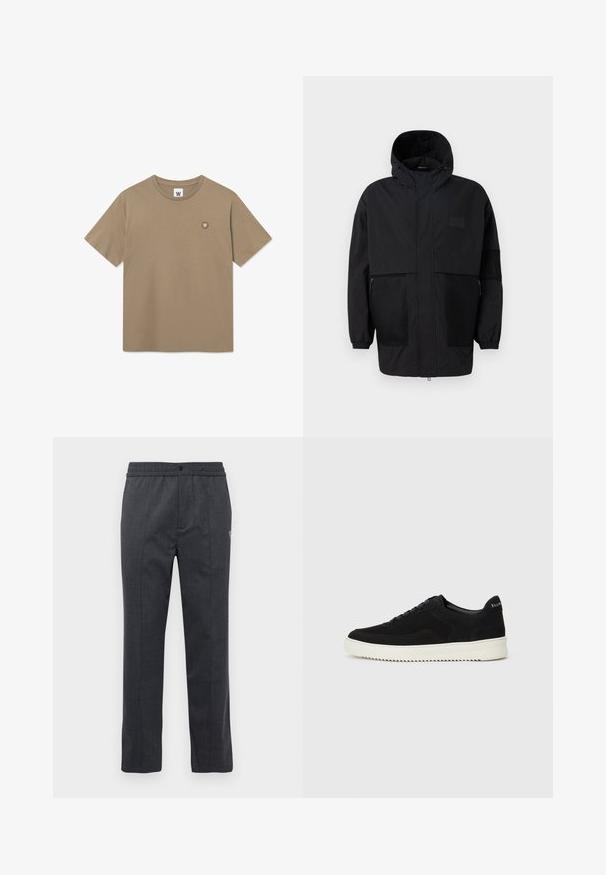 Giacca nera con cappuccio realizzata in tessuto leggero, con pannelli in rete, zip frontale e polsini elasticizzati per una vestibilità regolabile.; T-shirt a maniche corte color tan con colletto a girocollo, dotato di una piccola toppa rotonda con una "W" bianca sul petto sinistro.; Pantaloni dritti grigio scuro con vita elastica, chiusura frontale con bottone e sottile dettaglio ricamato sul lato destro.; Sneaker in suede nero con design con lacci e suola in gomma bianca a contrasto. Presenta pannelli laterali testurizzati e un marchio discreto sul tallone.