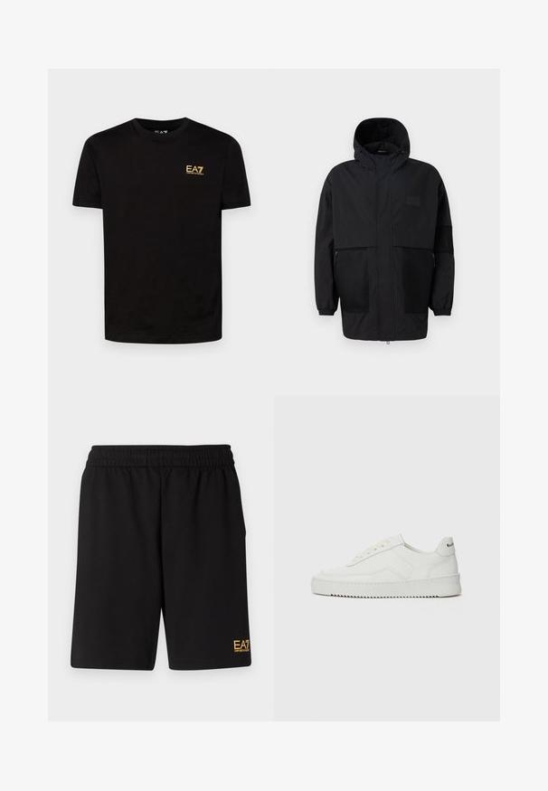 Svart huva jacka gjord av lättviktsmaterial, med meshpaneler, en främre dragkedja och elastiska manschetter för justerbar passform.; Svart bomulls T-shirt med kort ärm, rund halsringning och en gul broderad EA7-logotyp på vänster bröst. Slät textur.; Svarta träningsshorts i mjukt tyg, med ett elastiskt midjeband och en liten gul EA7-logotyp på nedre vänstra benet.; Vita lädersneakers med en jämn yta, rund tå, platta snörningar och en strukturerad sula. Har en diskret logotyp på hälen.