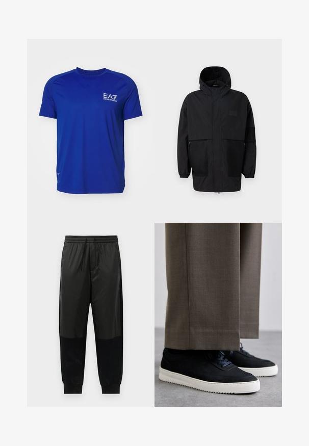 Musthave musta kapuutsiga jakk, mis on valmistatud kergest kangast, koos võrgupaneelide, ees oleva tõmbluku ja elastsete mansettidega kohandatava sobivuse jaoks.; Sinine sportlik T-särk lühikeste varrukatega, valmistatud kergest kangast. Ees on valge EA7 logo ja mugavuse tagamiseks on õmblused tasased.; Mustad mustikud treeningpüksid, mis on valmistatud sileda ja tekstuurse kangaste segust, elastne vöökoht koos nööriga ja kitsenevad varrukad.; Mustad suleed sneakers valge kummist tallaga, ümarate varvaste ja paeltega, kantud hallide ülikonna pükste kõrval.