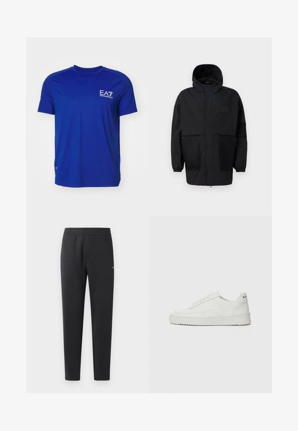 Svart hettejakke laget av lettvektig stoff, med mesh-paneler, en front glidelås og elastiske mansjetter for justerbar passform.; Blå treningstrøye med korte ermer, laget av lett materiale. Har en hvit EA7-logo på brystet og flate sømmer for komfort.; Sorte joggebukser laget av myk stoff, med elastisk midjebånd, rette ben og en liten logo detalj på siden.; Hvite lærersneakers med en jevn overflate, rund tå, flate lisser og en teksturert såle. Har en subtil logo på hælen.