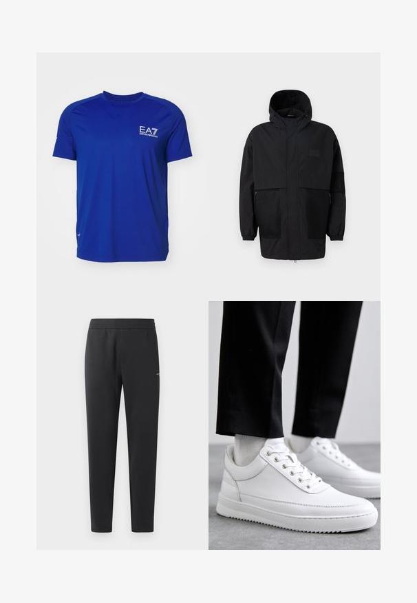 Μαύρο φούτερ τζάκετ από ελαφρύ ύφασμα, με πλέγμα, μπροστινό φερμουάρ και ελαστικούς καρπούς για ρυθμιζόμενη εφαρμογή.; Μπλε αθλητικό t-shirt με κοντά μανίκια, κατασκευασμένο από ελαφρύ ύφασμα. Διαθέτει λευκό λογότυπο EA7 στο στήθος και επίπεδες ραφές για άνεση.; Μαύροι παντελόνες jogging από μαλακό ύφασμα, με ελαστική μέση, ίσια πόδια και μία μικρή λεπτομέρεια λογότυπου στη πλευρά.; Λευκά δερμάτινα αθλητικά παπούτσια με επίπεδη καουτσούκ σόλα, με λείο φινίρισμα, στρογγυλή μύτη και μεταλλικές θηλιές για τα κορδόνια. Φορεμένα με μαύρο παντελόνι.