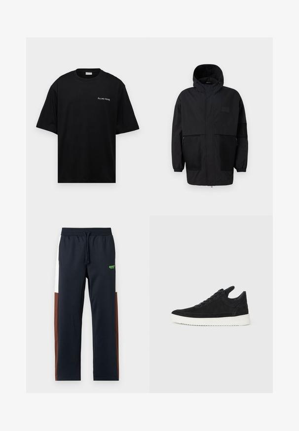 Černá kapucňová bunda vyrobená z lehké tkaniny, s síťovinovými panely, předním zipem a elastickými manžetami pro nastavitelné přizpůsobení.; Černé bavlněné tričko s volným střihem, krátkými rukávy a bílým logem "FILLING PIECES" na levé straně hrudi. Hladká textura.; Námořnické modré tepláky s bílými a hnědými bočními panely, elastickým pasem, stahovací šňůrou a zeleným logem na bocích. Měkký, hladký materiál.; Černé semišové tenisky s bílou gumovou podrážkou, s tónovým prošitím a šněrováním. Hladký povrch s moderním, aerodynamickým tvarem.