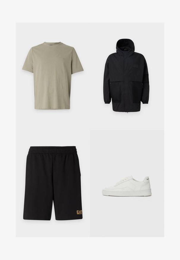 Črna kapuča jakna iz lahkega materiala, ki ima mrežaste panele, sprednje zadrgo in elastične manšete za prilagodljiv fit.; Svetlo olivno zelena majica s kratkimi rokavi, izdelana iz mehkega bombaža. Ima okrogli izrez in diskreten logotip na prsih.; Črne športne kratke hlače iz mehkega blaga, z elastičnim pasom in majhnim rumenim logotipom EA7 na spodnjem levem delu noge.; Bela usnjena športna obutev z gladko površino, okroglo prst, ravne vezalke in teksturiran podplat. Ima diskretno logo na peti.