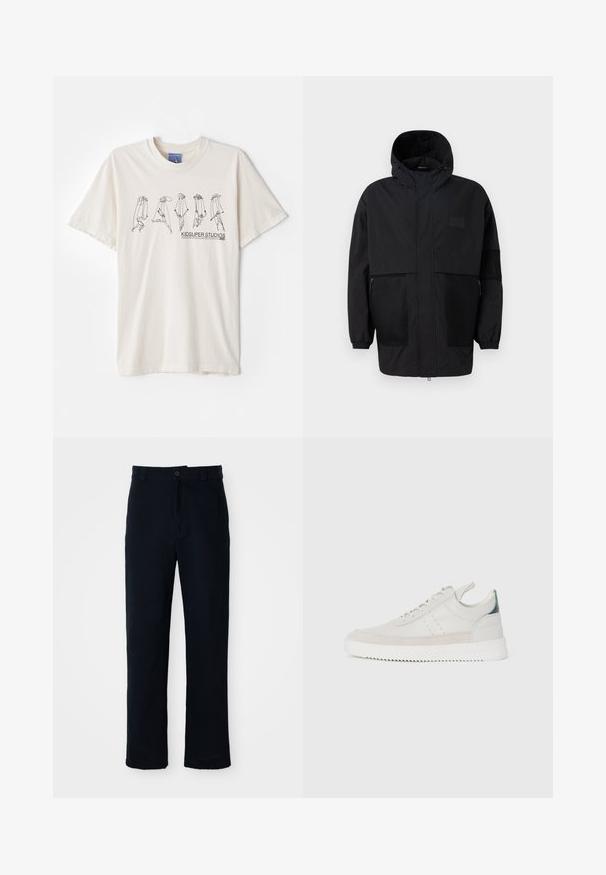 Čierna kapucňová bunda vyrobená z ľahkého materiálu, s priehľadnými panelmi, predným zipsom a elastickými manžetami pre nastaviteľné prispôsobenie.; Krémové bavlnené tričko s krátkymi rukávmi, na ktorom je v strede čierny abstraktný dizajn a text "KIDSUPER STUDIOS".; Námornícke modré nohavice vyrobené z bavlny, so strihom rovného nohavice, predným zapínaním na gombík a klasickým pásom s pútkami na opasok.; Biele kožené tenisky s šedými semišovými akcentmi, viazanie, pútko na päte a textúrovaná gumová podrážka s cik-cak vzorom.