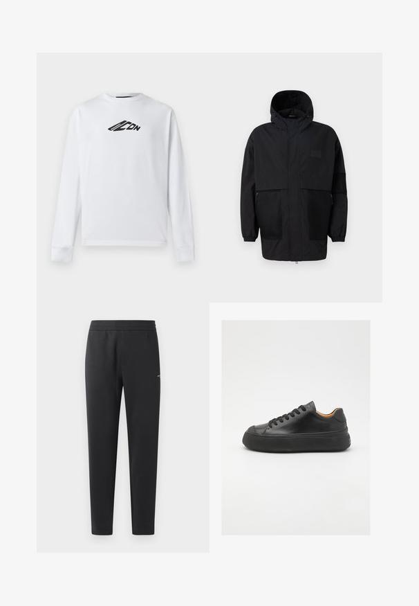 Black hooded jacket made from lightweight fabric, featuring mesh panels, a front zipper, and elastic cuffs for adjustable fit.; White long-sleeve sweatshirt made of cotton, featuring a black logo design on the front and ribbed cuffs. Classic crew neckline.; Black jogger pants made of soft fabric, featuring an elastic waistband, straight legs, and a single small logo detail on the side.; Black leather sneaker with a round toe, lace-up front, smooth texture, thick rubber sole, and contrasting tan interior.