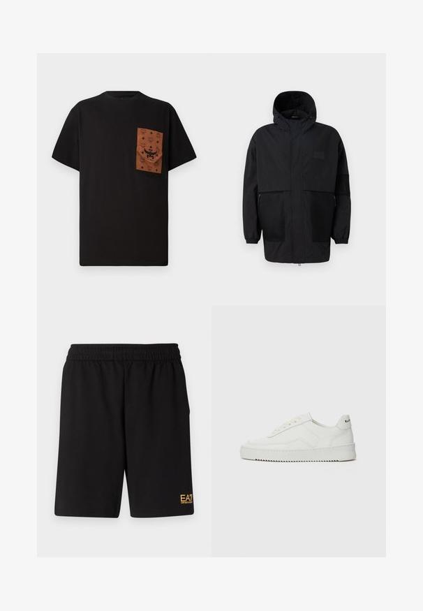 Crna kapuljača od laganog materijala, s mrežastim panelima, prednjim zatvaračem i elastičnim manžetama za prilagodljivu veličinu.; Crna majica s kratkim rukavima i okruglim izrezom, sa smešnim džepom smešnog uzorka i logom. Od pamučnog materijala, ležerna kroja.; Crne atletske kratke hlače od mekanog materijala, s elastičnim pojasom i malim žutim EA7 logotipom na donjoj lijevoj nozi.; Bijele kožne tenisice s glatkom površinom, okruglim vrhom, ravnim vezicama i teksturiranom potplatom. Imaju suptilan logo na peti.