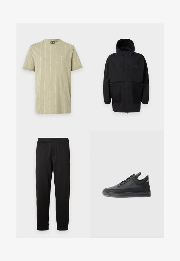 Crna kapuljača od laganog materijala, s mrežastim panelima, prednjim zatvaračem i elastičnim manžetama za prilagodljivu veličinu.; Svijetlozelena majica kratkih rukava od pamuka, s ponavljajućim uzorkom logotipa u nešto tamnijoj nijansi, okruglim izrezom i ravnim rubom.; Crne trenirke s elastičnim pojasom, uskog tapered kroja i malim logom na gornjem butu, prikazane na bijeloj pozadini.; Crne kožne tenisice s teksturiranom površinom, s vezicama, niskog su kroja i sivoj gumenoj potplati koja ima rebrasti rub.