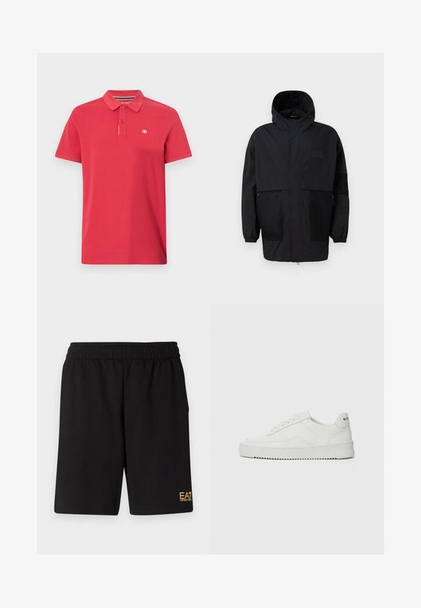 Juodas gobtuvu džemperis, pagamintas iš lengvo audinio, turi tinklinės juosteles, priekinį užtrauktuką ir elastingus rankogalius, leidžiančius pritaikyti dydį.; Raudonas polo marškinėlis, pagamintas iš medvilnės, su klasikiniais apykaklėmis, trijų mygtukų užsegimu ir mažu logotipu, išsiuvinėtu kairėje krūtinės pusėje. Trumpomis rankovėmis.; Juoda sportinė šortai, pagaminti iš minkštos medžiagos, su elastingu diržu ir maža geltona EA7 logo apatinėje kairėje kojoje.; Balti odiniai sportiniai bateliai su lygia apdaila, apvaliu pirštu, plokščiais raišteliais ir tekstūruotu padu. Pasižymi subtiliu logotipu ant kulno.