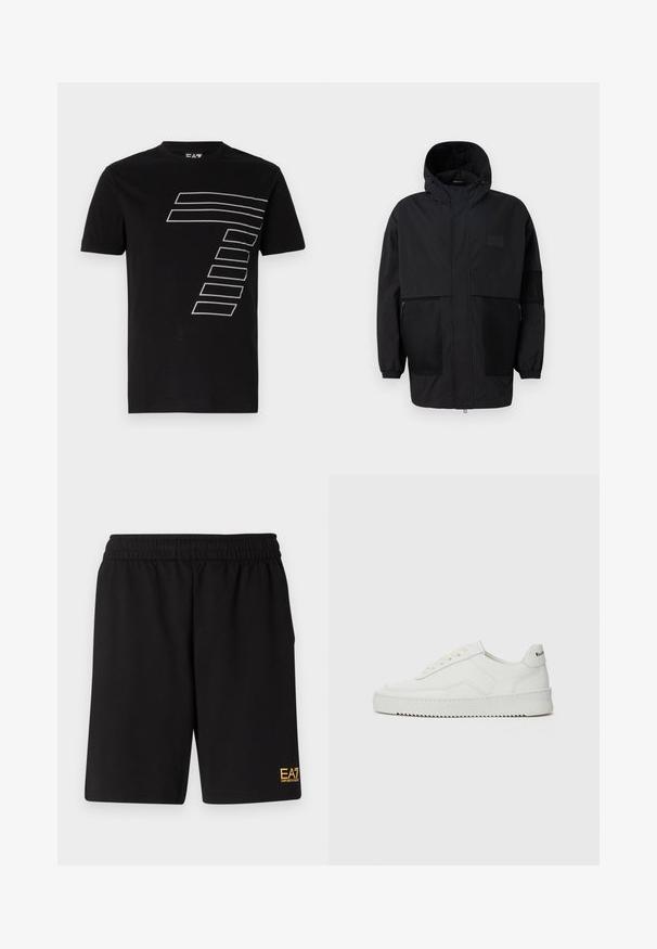 Μαύρο φούτερ τζάκετ από ελαφρύ ύφασμα, με πλέγμα, μπροστινό φερμουάρ και ελαστικούς καρπούς για ρυθμιζόμενη εφαρμογή.; Μαύρη βαμβακερή μπλούζα με κοντά μανίκια και στρογγυλή λαιμόκοψη, που διαθέτει έναν μεγάλο λευκό ριγέ γραφικό σχέδιο σε σχήμα του αριθμού 7 στο μπροστινό μέρος.; Μαύρες αθλητικές βερμούδες από μαλακό ύφασμα, με ελαστική μέση και μικρό λογότυπο EA7 στο κάτω αριστερό πόδι.; Λευκό δερμάτινο sneakers με λείο φινίρισμα, στρογγυλή μύτη, επίπεδα κορδόνια και υφή στην σόλα. Φέρει μια διακριτική λογότυπο στη φτέρνα.