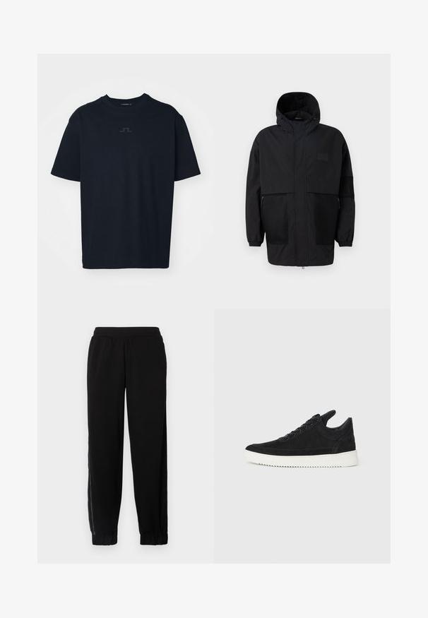 Melnā kapučjaka, kas izgatavota no viegla auduma, ar acs paneļiem, priekšējo rāvējslēdzēju un elastīgām aprocēm, kas nodrošina regulējamu piegulšanu.; Melna kokvilnas T-krekls ar īsām piedurknēm. Uz krūtīm ir minimālisma logotips tumšākā tonī. Klasisks apaļš kakla izgriezums.; Melni sporta bikses, izgatavotas no mīkstas auduma, ar elastīgu jostasvietu, ar piedurkņu malām un sānu sietu paneļiem papildu ventilācijai.; Melna zamša apavi ar baltu gumijas zoli, ar tonālu izšuvumu un auklu dizainu. Gluda tekstūra ar mūsdienīgu, plūstošu formu.
