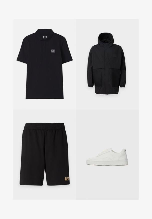 Casaco preto com capuz, feito de um tecido leve, apresentando painéis de malha, um fecho éclair frontal e punhos elásticos para um ajuste ajustável.; Polo preto feito de algodão. Apresenta um colarinho, mangas curtas e um pequeno logotipo em patch do lado esquerdo. Design simples e clássico.; Calções desportivos pretos feitos de um tecido suave, com um cós elástico e um pequeno logótipo amarelo EA7 na parte inferior da perna esquerda.; Sapatilha de couro branco com acabamento suave, bico redondo, atacadores planos e uma sola texturizada. Apresenta um logotipo discreto no calcanhar.
