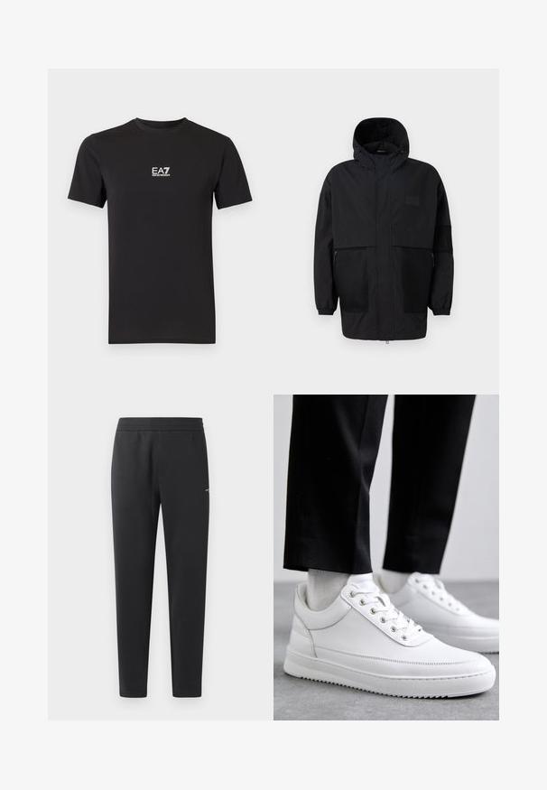 Musthave musta kapuutsiga jakk, mis on valmistatud kergest kangast, koos võrgupaneelide, ees oleva tõmbluku ja elastsete mansettidega kohandatava sobivuse jaoks.; Mustast pehmest kangast lühikeste varrukatega T-särk, millel on rinnal väike valge EA7 Emporio Armani logo. Klassikalise ümarkaelusega.; Mustad jogger pants pehmest kangast, millel on elastne vöökoht, sirged sääred ja üks väike logodetail küljel.; Valged nahast tennisetossud, millel on lame kummist tallapool, sile viimistlus, ümar varvas ja metallist silmadega paelte jaoks. Kantud mustade pükstega.
