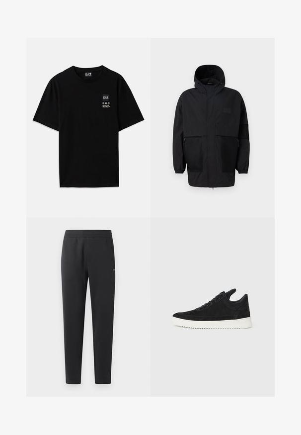 Musthave musta kapuutsiga jakk, mis on valmistatud kergest kangast, koos võrgupaneelide, ees oleva tõmbluku ja elastsete mansettidega kohandatava sobivuse jaoks.; Must must-habetic T-särk mustadest puuvilladest lühikeste varrukatega, ümar kaelus ja väike logo silt ees, mis sisaldab hooldusmärke valgena.; Mustad jogger pants pehmest kangast, millel on elastne vöökoht, sirged sääred ja üks väike logodetail küljel.; Must mustel kingad valge kummist tallaga, millel on toon-toonis õmblused ja paeltega disain. Sile tekstuur ja moodne, voolujooneline kuju.