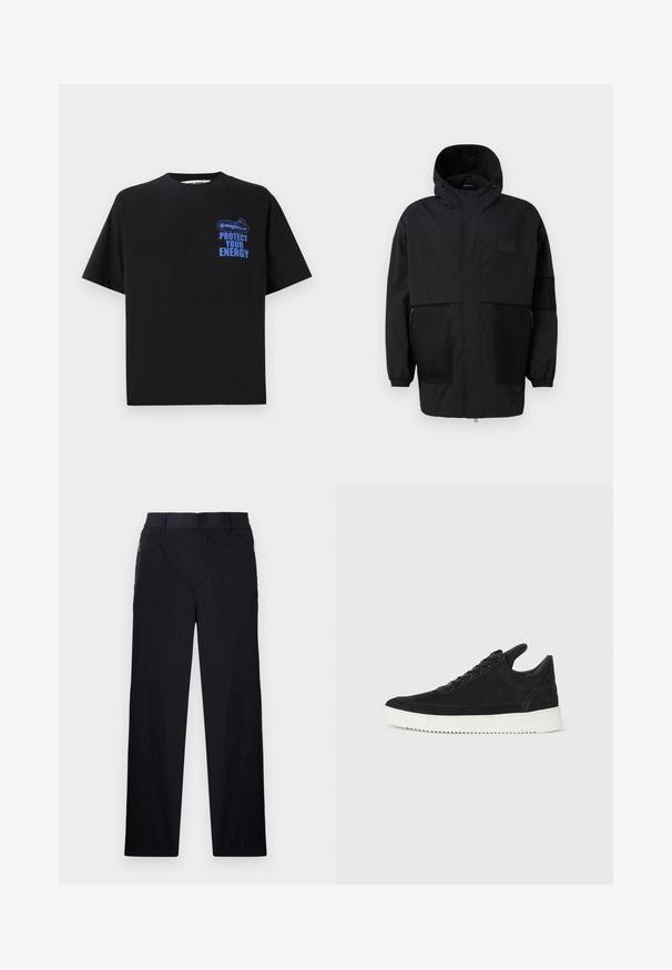 Juodas gobtuvu džemperis, pagamintas iš lengvo audinio, turi tinklinės juosteles, priekinį užtrauktuką ir elastingus rankogalius, leidžiančius pritaikyti dydį.; Juoda medvilnės marškinėliai trumpomis rankovėmis, su mėlynu užrašu "APSIGIKITE NUO ENERGIJOS" ir grafiniu dizainu viršutiniame kairiajame kampe.; Juodos kelnės, pagamintos iš lengvos tekstūruotos medžiagos, tiesaus silueto, su elastingu juosmeniu ir šoniniais užtrauktukų kišenėmis.; Juodų suede sportbačių su balta gumine padu, su toniniais siuvinėjimais ir raištelių užsegimu. Sklandus paviršius su šiuolaikine, laiko forma.