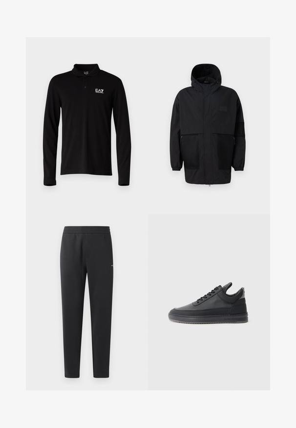 Čierna kapucňová bunda vyrobená z ľahkého materiálu, s priehľadnými panelmi, predným zipsom a elastickými manžetami pre nastaviteľné prispôsobenie.; Čierna polo košeľa s dlhým rukávom vyrobená z bavlny, so zapínaním na tri gombíky a bielou vyšitou logom na ľavej hrudi.; Čierne joggingové nohavice z mäkkej tkaniny, s elastickým pásom, rovnými nohavicami a malým logom na boku.; Čierne kožené tenisky s textúrovaným povrchom, viazacím dizajnom, nízkym strihom a šedou gumovou podrážkou s drážkovaným okrajom.