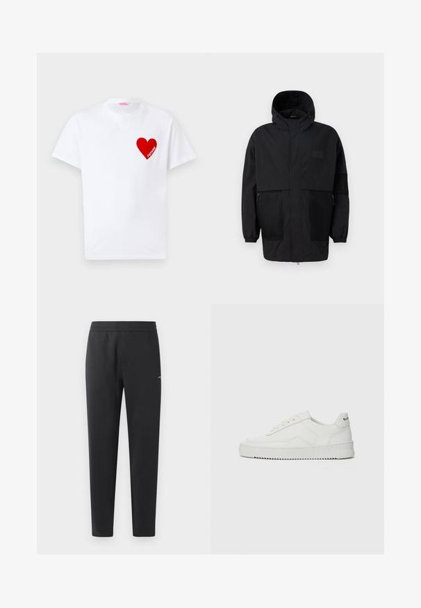 Crna kapuljača od laganog materijala, s mrežastim panelima, prednjim zatvaračem i elastičnim manžetama za prilagodljivu veličinu.; Bijela pamučna majica s kratkim rukavima, s crvenim grafičkim srcem na lijevoj strani prsnog koša s natpisom "BUDUĆNOST" u bijelom tekstu.; Crne trenirke izrađene od mekanog materijala, sa elastičnom trakastom, ravnim nogavicama i jednim malim logom sa strane.; Bijele kožne tenisice s glatkom površinom, okruglim vrhom, ravnim vezicama i teksturiranom potplatom. Imaju suptilan logo na peti.