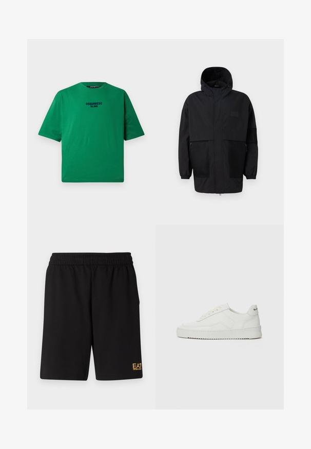 Black hooded jacket made from lightweight fabric, featuring mesh panels, a front zipper, and elastic cuffs for adjustable fit.; Green T-shirt made of cotton, featuring a round neck and short sleeves. Black "DSQUARED2 MILANO" logo centered on the front.; Black athletic shorts made of soft fabric,Featuring an elastic waistband and a small yellow EA7 logo on the lower left leg.; White leather sneaker with a smooth finish, round toe, flat laces, and a textured sole. Features a subtle logo on the heel.