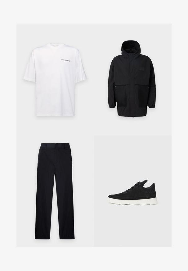 Jachetă neagră cu glugă, realizată dintr-un material ușor, având panouri din plasă, fermoar frontal și manșete elastice pentru o ajustare confortabilă.; Tricou alb cu mânecă scurtă din bumbac, cu decolteu în v, având un logo negru "FILLING PIECES" imprimat pe partea stângă.; Pantaloni negri dintr-un material ușor, texturat, cu croială drept pentru picioare, talie elastică și buzunare laterale cu fermoar.; Sneakers negre din suede cu o talpă din cauciuc albă, prezentând cusături tonale și un design cu șireturi. Textură netedă cu o formă modernă și aerodinamică.