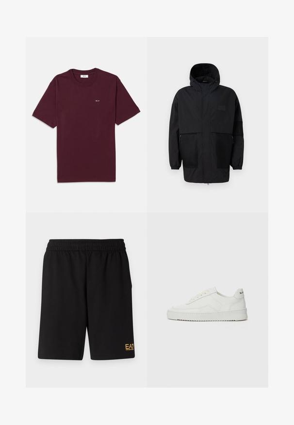 Melnā kapučjaka, kas izgatavota no viegla auduma, ar acs paneļiem, priekšējo rāvējslēdzēju un elastīgām aprocēm, kas nodrošina regulējamu piegulšanu.; Burgundijas krāsas kokvilnas T-krekls ar apaļu kakla izgriezumu, īsām piedurknēm un mazu baltu "NN. 07" logotipu uz krūšu daļas. Gluda tekstūra, standarta piegriezums.; Melnas sporta šortus, kas izgatavoti no mīksta auduma, ar elastīgu jostu un mazu dzeltenu EA7 logo zem kreisā kājas stūra.; Baltas ādas sneakers ar gludu virsmu, apaļu pirkstu daļu, plakaniem šņorēm un teksturētu zoli. Satur diskrētu logotipu uz papēža.
