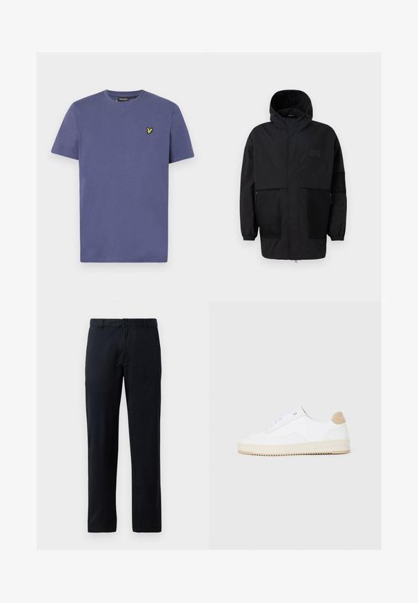 Čierna kapucňová bunda vyrobená z ľahkého materiálu, s priehľadnými panelmi, predným zipsom a elastickými manžetami pre nastaviteľné prispôsobenie.; Svetlofialové bavlnené tričko s krátkymi rukávmi, s okrúhlym výstrihom a malým žltým vyšitým logom na hrudi.; Čierne nohavice s rovnými nohavicami vyrobené z hladkej tkaniny. Majú zapínanie na jeden gombík a pútka na opasok, bez viditeľných vzorov alebo doplnkov.; Biele nízke tenisky s textúrovaným koženým zvrškom, krémovou drážkovanou podrážkou a akcentom v hnedej farbe na podpätku. Majú biele šnúrky a detail loga na päte.