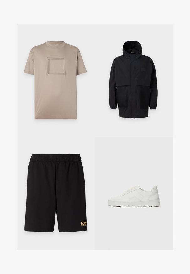 Juodas gobtuvu džemperis, pagamintas iš lengvo audinio, turi tinklinės juosteles, priekinį užtrauktuką ir elastingus rankogalius, leidžiančius pritaikyti dydį.; Šviesiai rudas trumpų rankovių marškinėliai, pagaminti iš lygaus audinio, su kvadrato formato logotipu centre, kurio kontūras yra iškilios stačiakampių linijos.; Juoda sportinė šortai, pagaminti iš minkštos medžiagos, su elastingu diržu ir maža geltona EA7 logo apatinėje kairėje kojoje.; Balti odiniai sportiniai bateliai su lygia apdaila, apvaliu pirštu, plokščiais raišteliais ir tekstūruotu padu. Pasižymi subtiliu logotipu ant kulno.