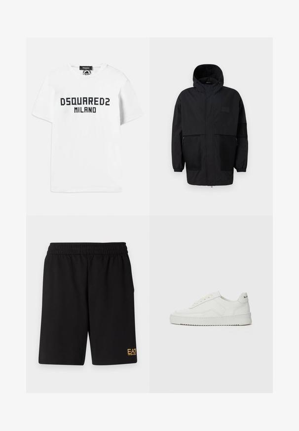 Sort hættetrøje lavet af letvægtsstof, med mesh-paneler, en frontlynlås og elastiske manchetter for justerbar pasform.; Dsquared2 COOL FIT TEE - T-shirts print - white/dark navy; Sorte atletiske shorts lavet af blødt stof, med en elastisk talje og et lille gult EA7-logo nederst på venstre ben.; Hvide lædersneakers med en glat overflade, rund tå, flade snørebånd og en tekstureret sål. Har et diskret logo på hælen.